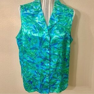 Morgan Taylor Intimates Top Sleep Top Large Sleeveless Teal Green Satin Tropical